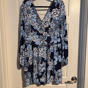 Lilly Pulitzer XL Riza Long Sleeve Romper Low Tide Navy Bouquet All Day Print